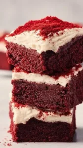 Delicious red velvet brownies topped with cream cheese frosting on a white plate.