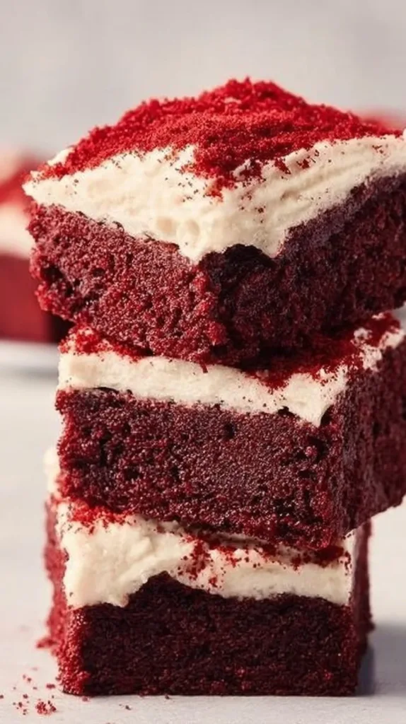 Delicious red velvet brownies topped with cream cheese frosting on a white plate.