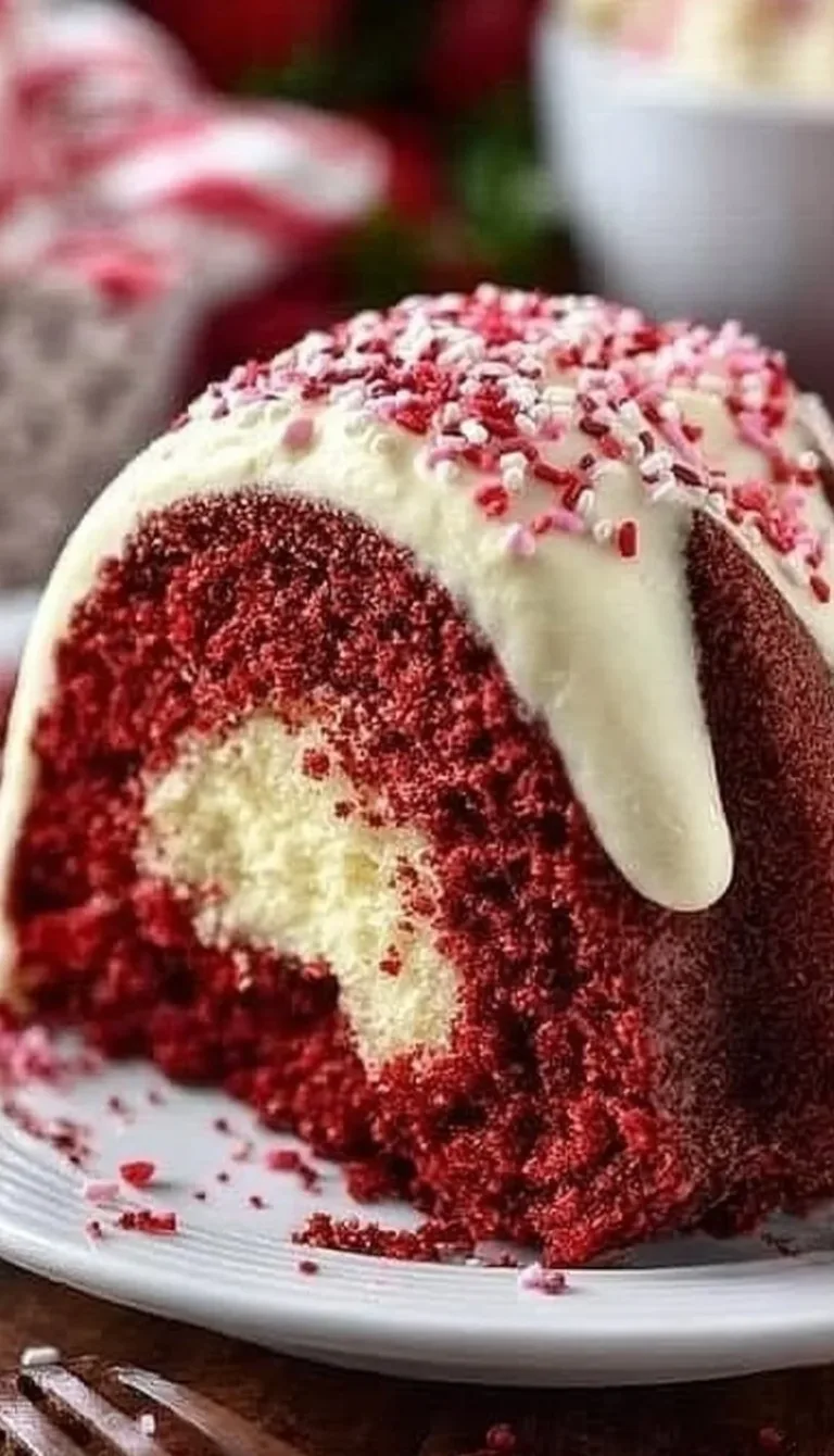Delicious Red Velvet Bundt Cake with cream cheese frosting on a plate