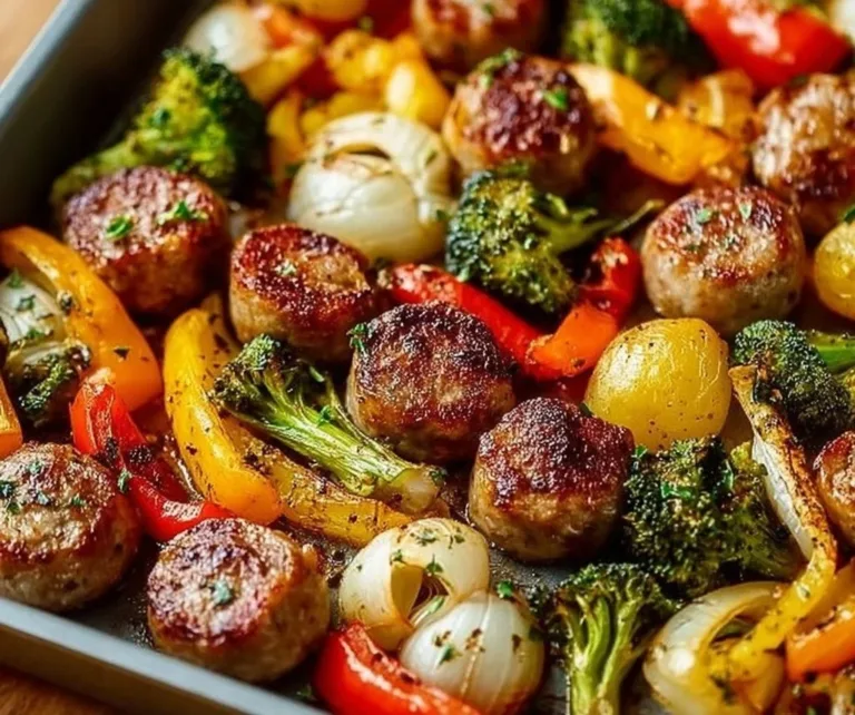 Delicious sheet pan sausage and veggies recipe ready for serving.