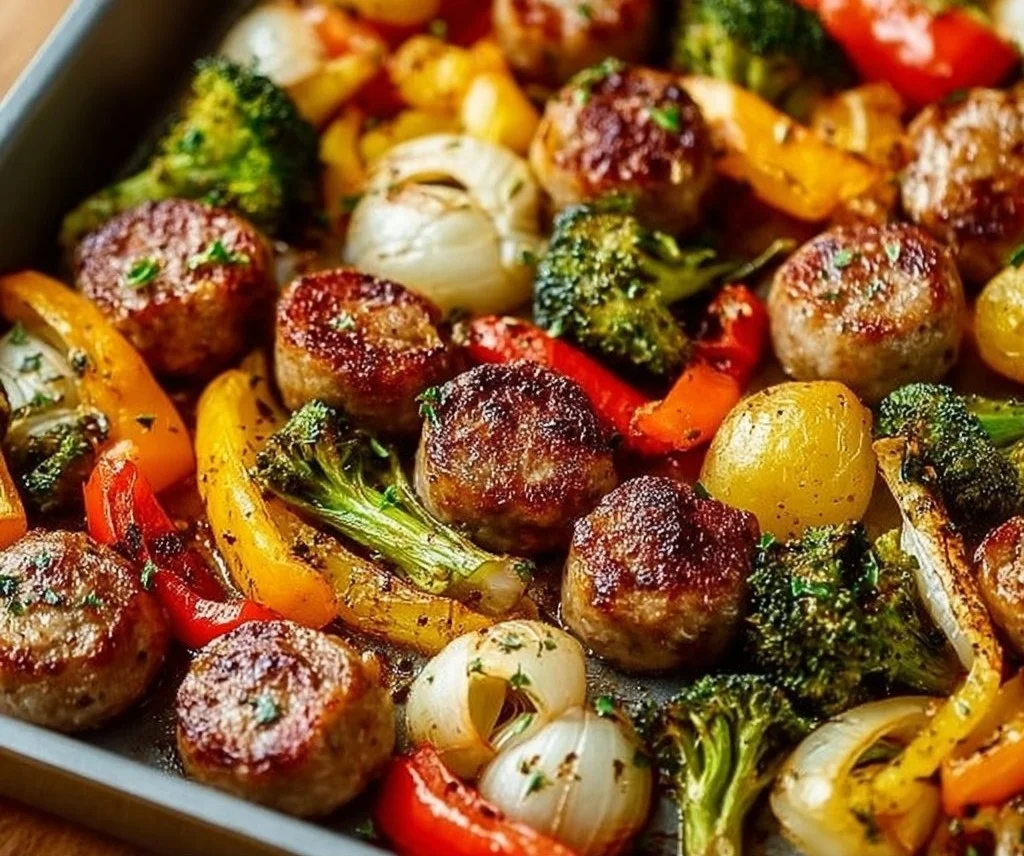 Sheet Pan Sausage and Veggies sausage and veggies Delicious sheet pan sausage and veggies recipe ready for serving.