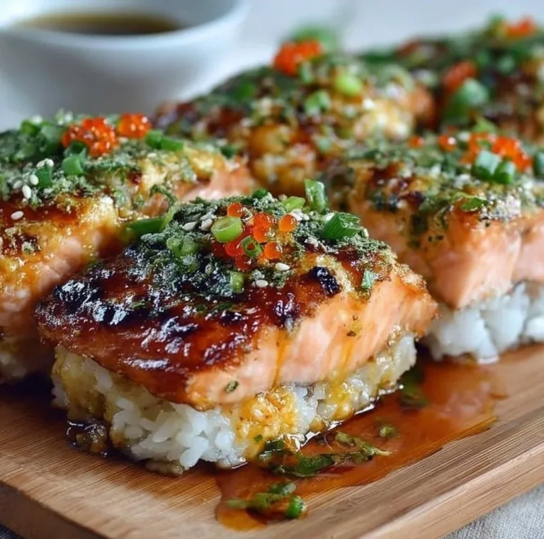 Spicy Salmon Sushi Bake Recipe Baked Salmon Delicious spicy salmon sushi bake dish topped with creamy sauce and scallions