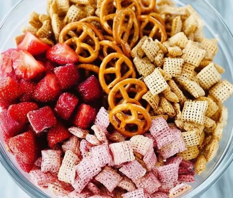 Delicious Strawberry Valentine's Chex Mix in a festive bowl