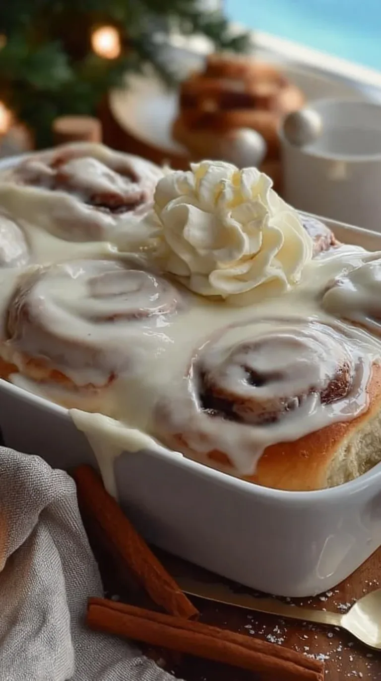 The Best Cinnamon Rolls! air fryer churro bites Freshly baked cinnamon rolls with icing on a rustic wooden table.