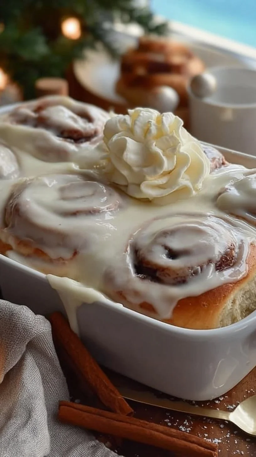 The Best Cinnamon Rolls! cinnamon rolls Freshly baked cinnamon rolls with icing on a rustic wooden table.