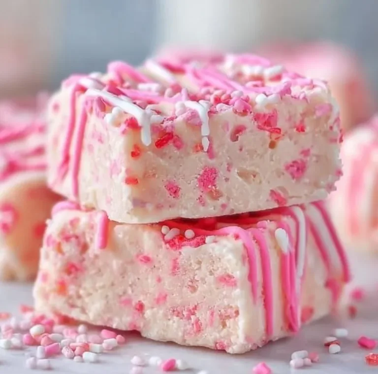 Valentine's Day sugar cookie fudge dessert with colorful sprinkles.