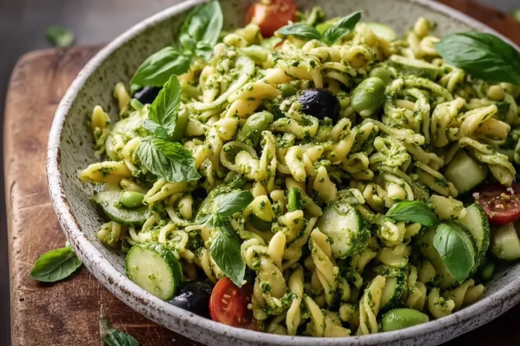 Colorful green goddess pasta salad with fresh veggies and herbs in a bowl