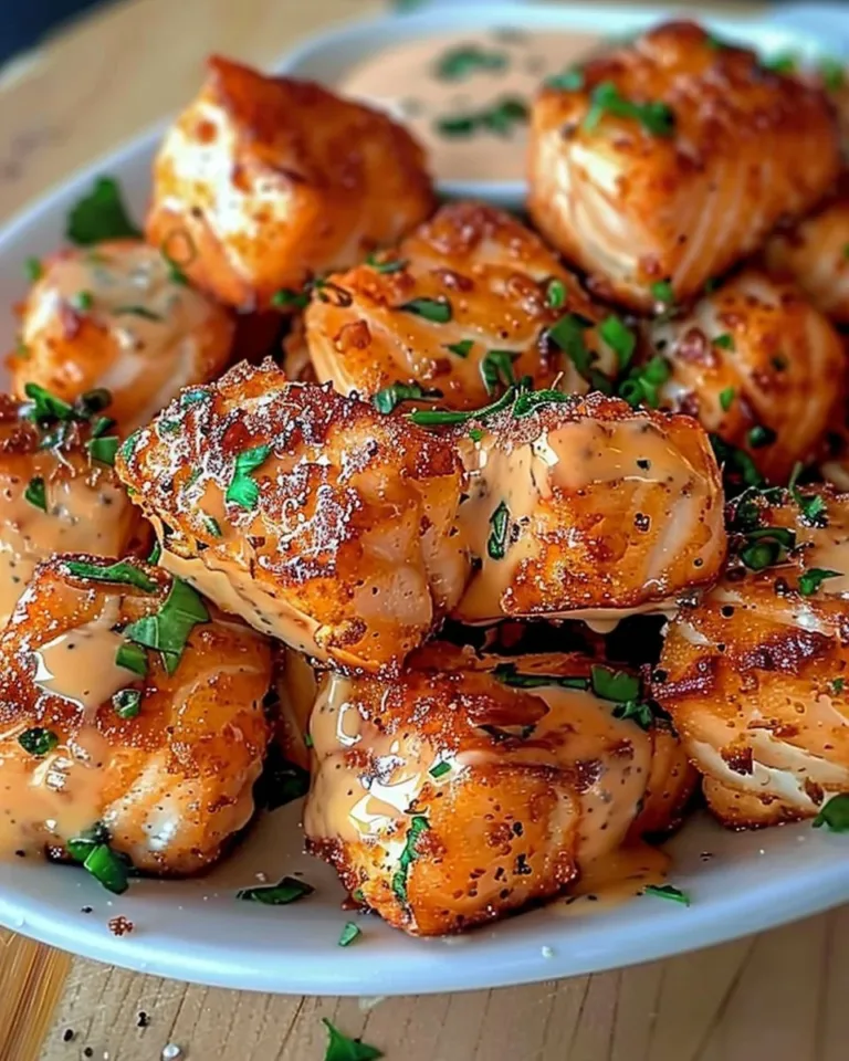 Plate of delicious Bang Bang Salmon Bites garnished with herbs