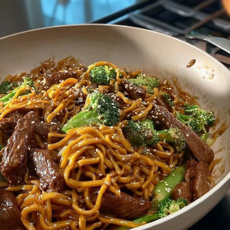 Delicious Beef and Broccoli Lo Mein Noodles served in a bowl