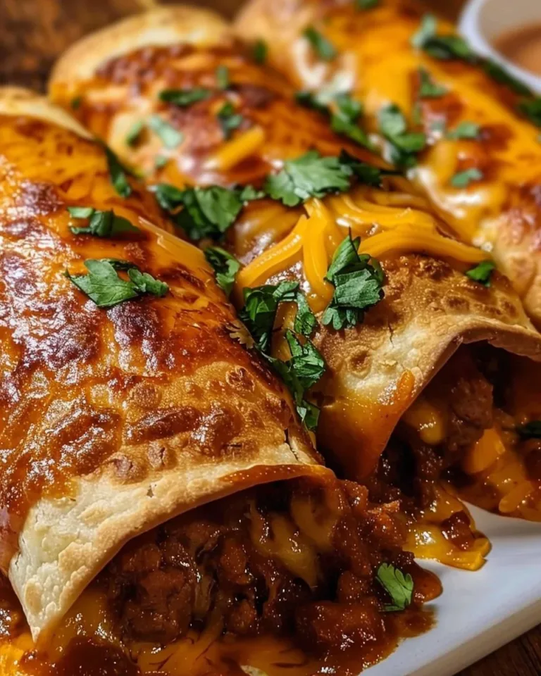 Delicious beef chimichangas with melted cheese and golden tortilla