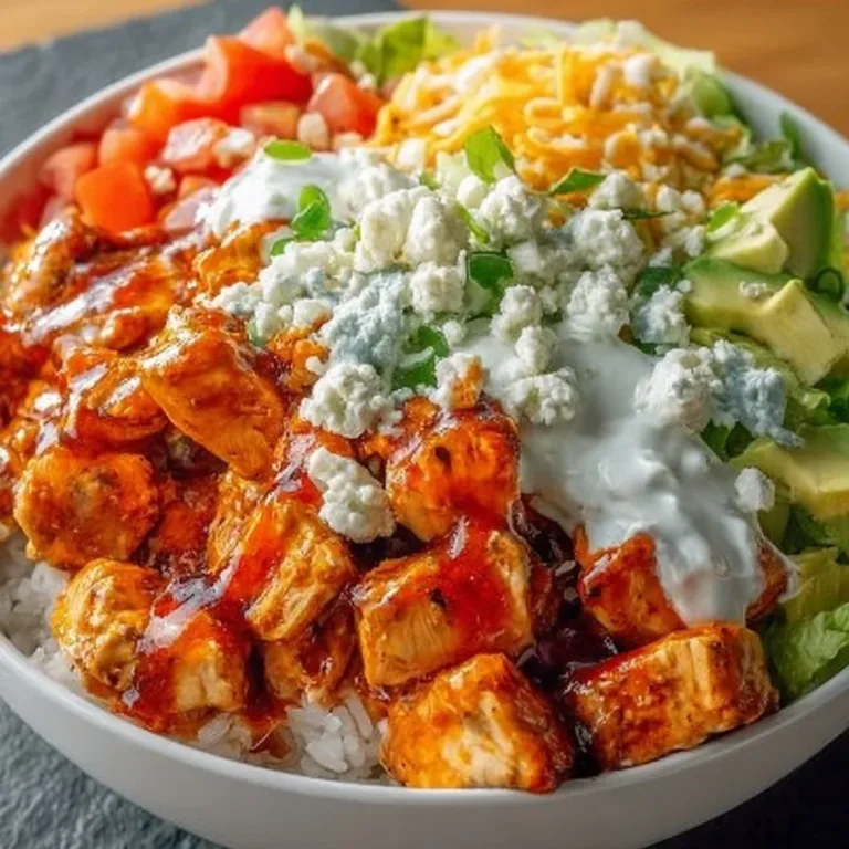 Colorful Buffalo Chicken Bowls with fresh vegetables and spicy sauce