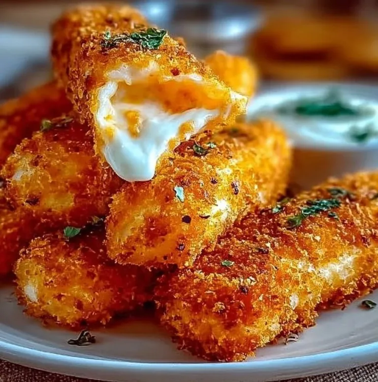 Delicious Buffalo Chicken Mozzarella Sticks served on a plate with dipping sauce