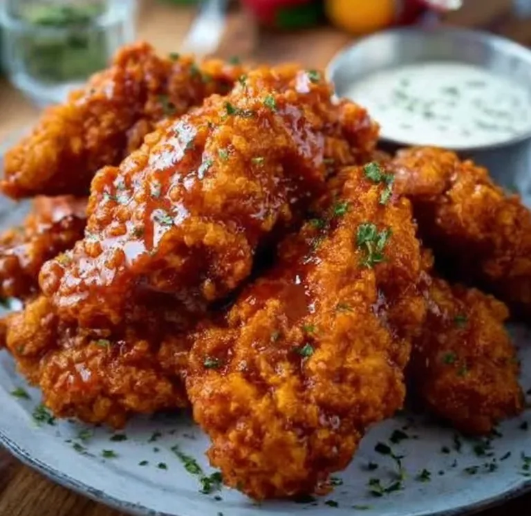 Plate of delicious, crispy Buffalo Chicken Tenders with dipping sauce.
