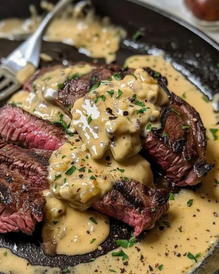 Delicious cast iron bavette steak with whiskey garlic cream sauce on a plate