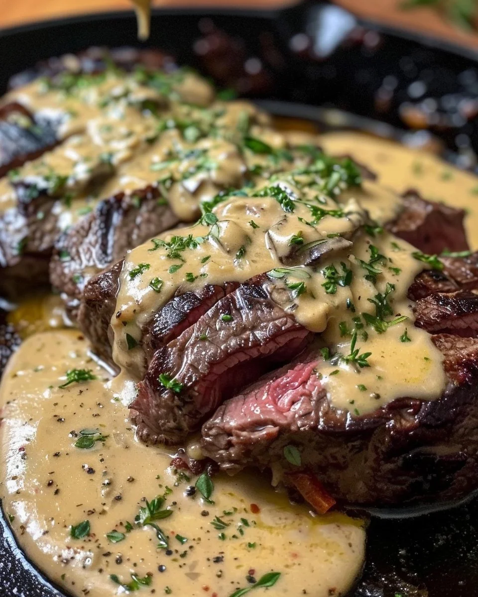 Cast Iron Bavette Steak with Whiskey Garlic Cream Sauce