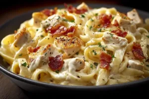 Creamy Chicken Bacon Ranch Pasta with fresh ingredients and crispy bacon