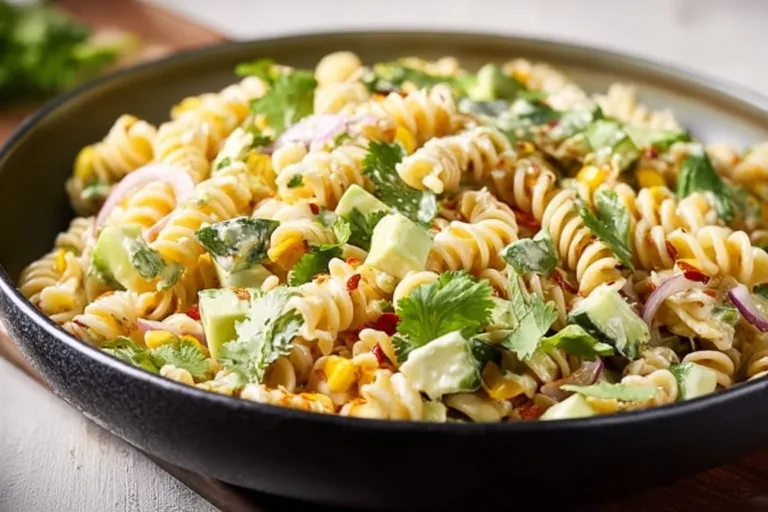 Delicious cilantro lime pasta salad served in a bowl with colorful vegetables.