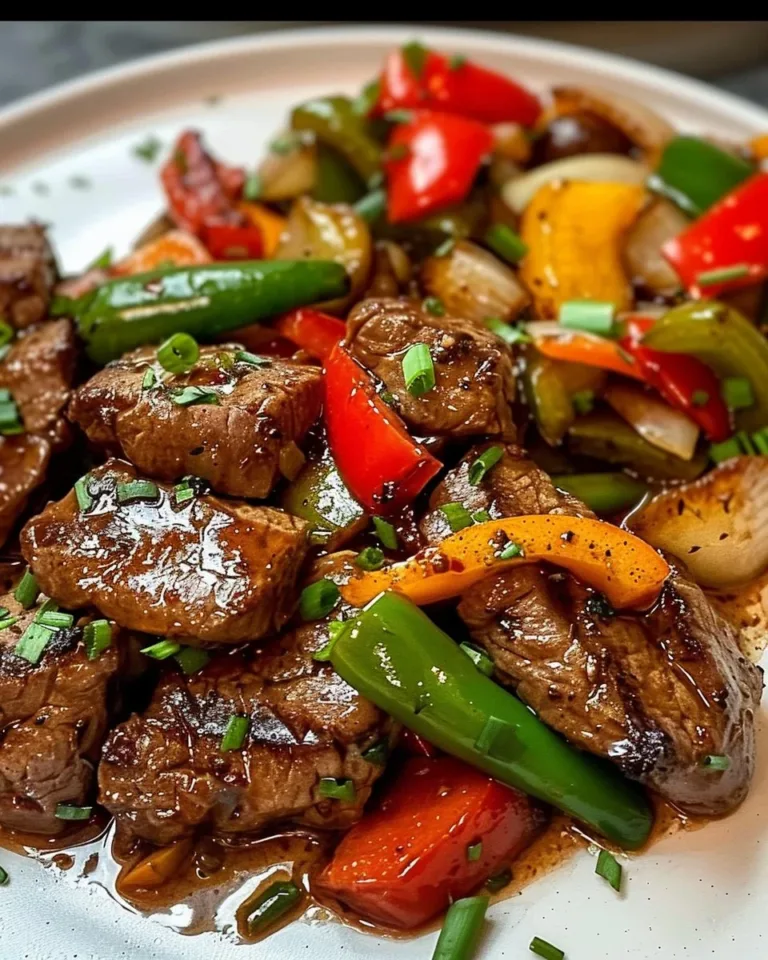 Delicious classic pepper steak served with colorful bell peppers and savory sauce