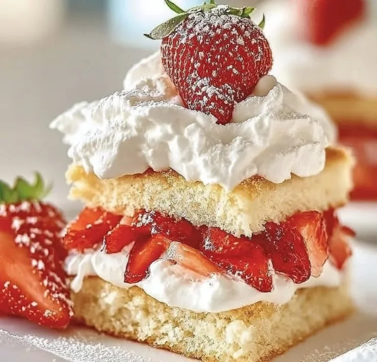 Delicious classic strawberry shortcake topped with fresh strawberries and whipped cream.