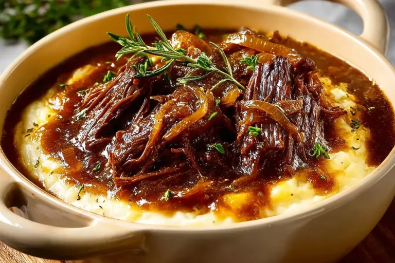 Deliciously cooked French Onion Pot Roast with caramelized onions and herbs.
