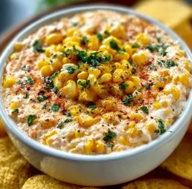 Delicious corn dip served in a bowl, garnished with herbs, perfect for parties.