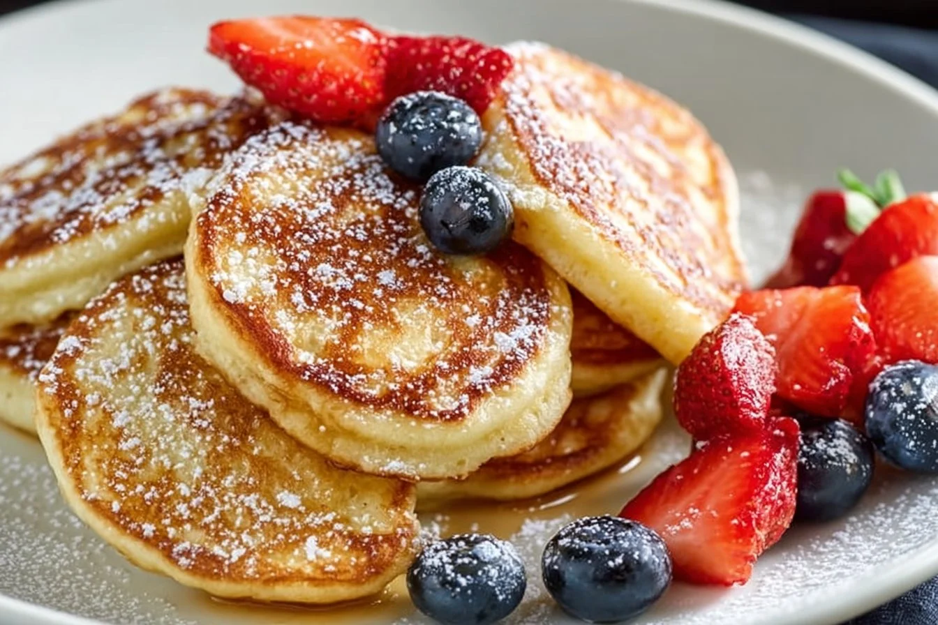 Cottage Cheese Pancakes cottage cheese pancakes Fluffy cottage cheese pancakes served with fresh fruit and syrup.