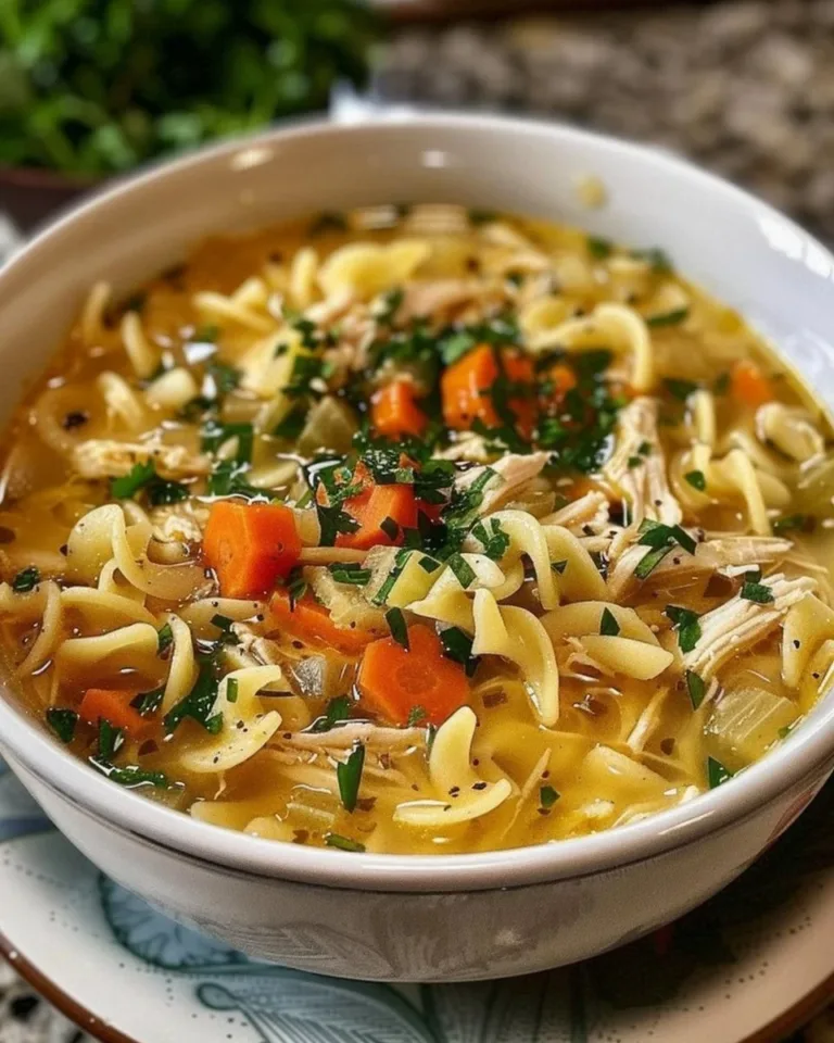 Bowl of delicious Crack Chicken Noodle Soup topped with fresh herbs