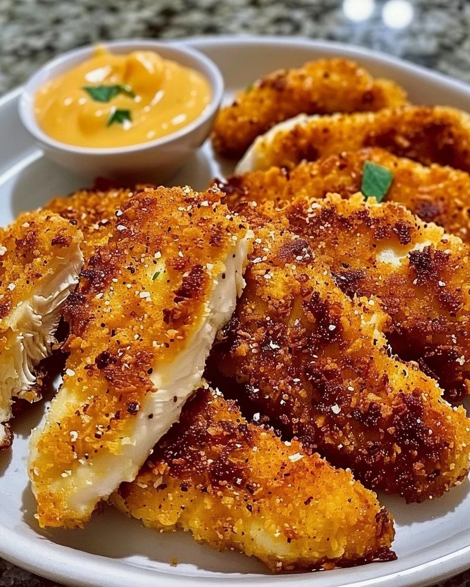 Plate of crispy Crack Chicken Tenders garnished with herbs