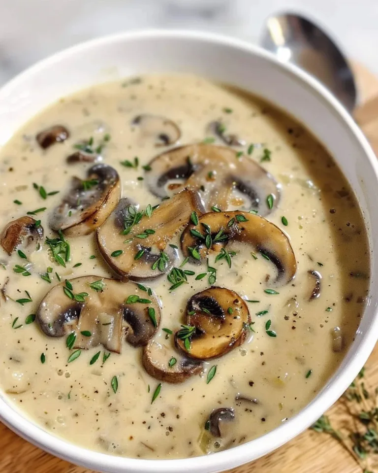 Cream of mushroom soup served in a bowl with herbs on top