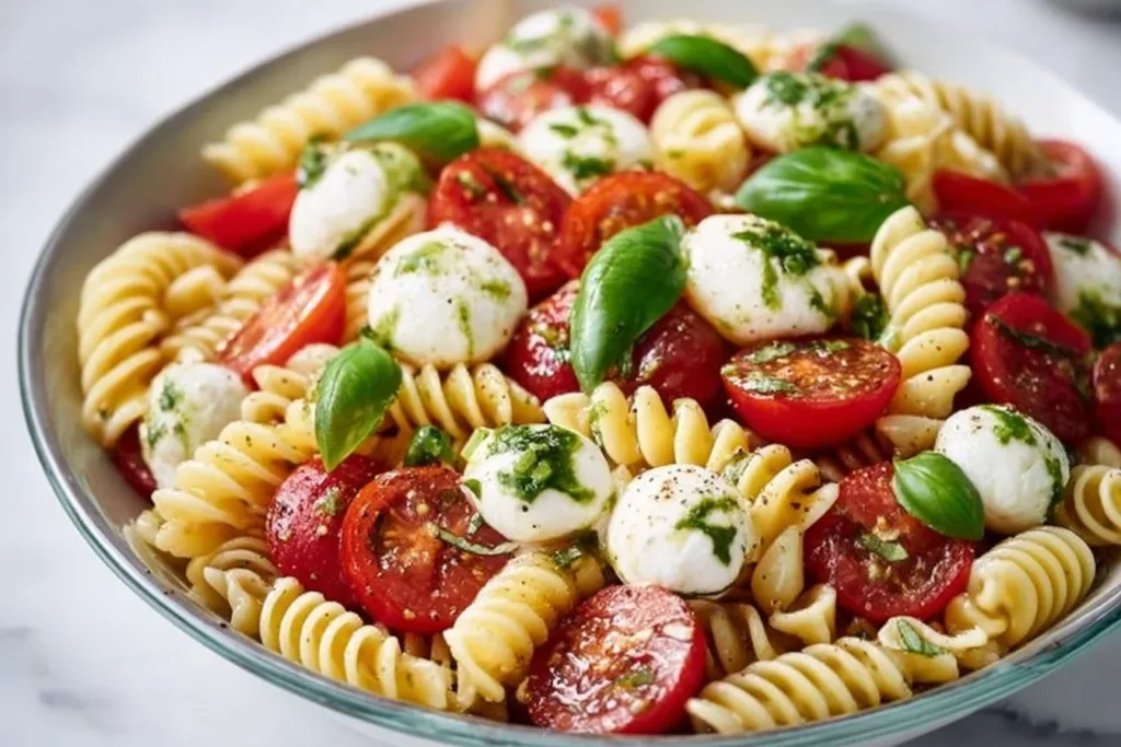 Creamy Caprese Pasta Salad with fresh basil, tomatoes, and mozzarella
