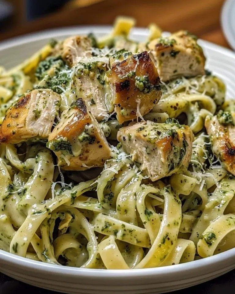 Creamy pesto chicken pasta served in a bowl with fresh basil