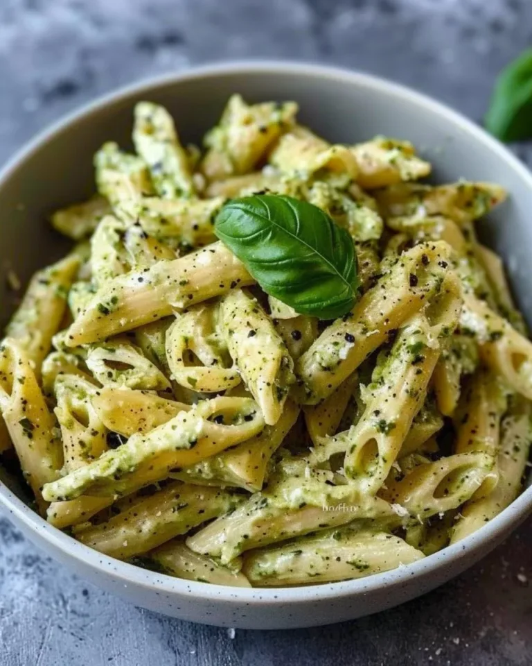 Creamy pesto sauce pasta in a bowl, showcasing vibrant green sauce and pasta.