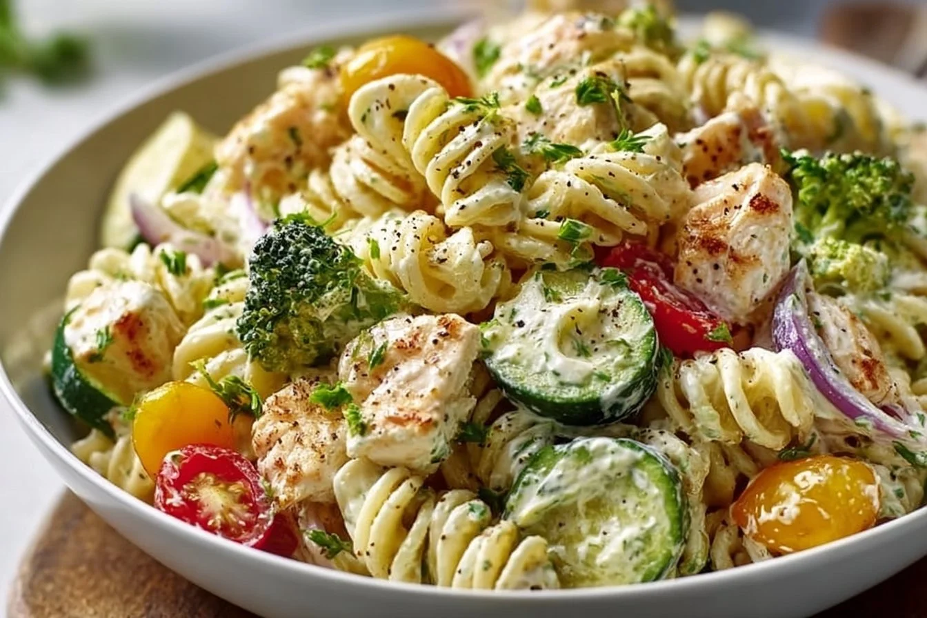 Creamy Ranch Protein Pasta Salad ranch pasta salad Creamy ranch protein pasta salad with colorful veggies and cheese