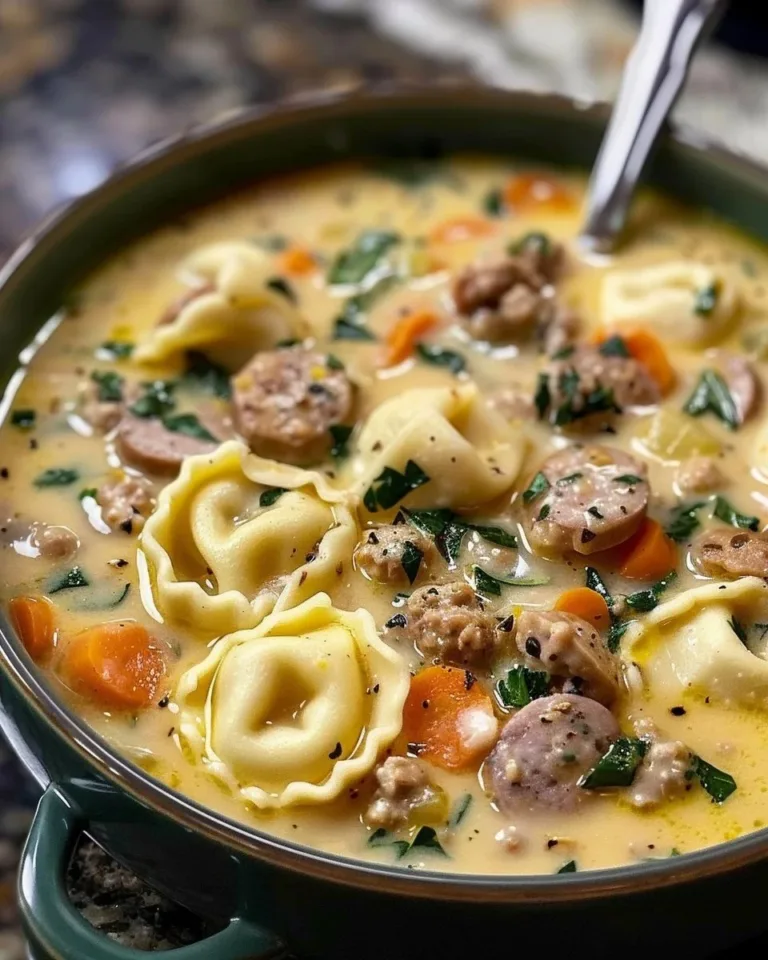Bowl of creamy sausage and tortellini soup with fresh herbs and vegetables