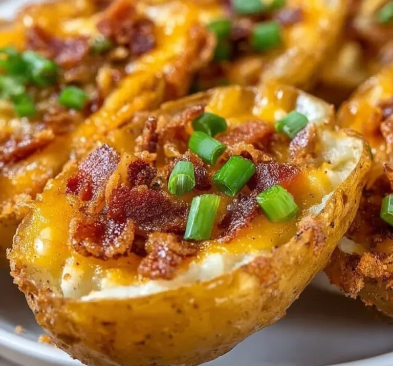 Crispy baked potato skins topped with cheese and green onions on a plate