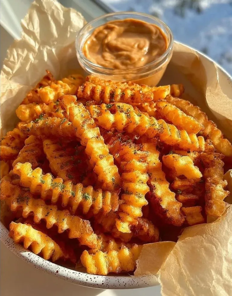 Bowl of crispy crinkle cut fries with a golden-brown texture.