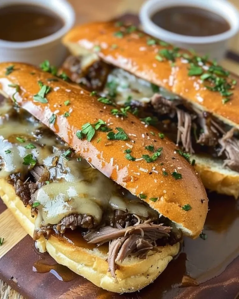 Crockpot French Dip Sandwiches with beef, onions, and au jus served on a rustic platter.