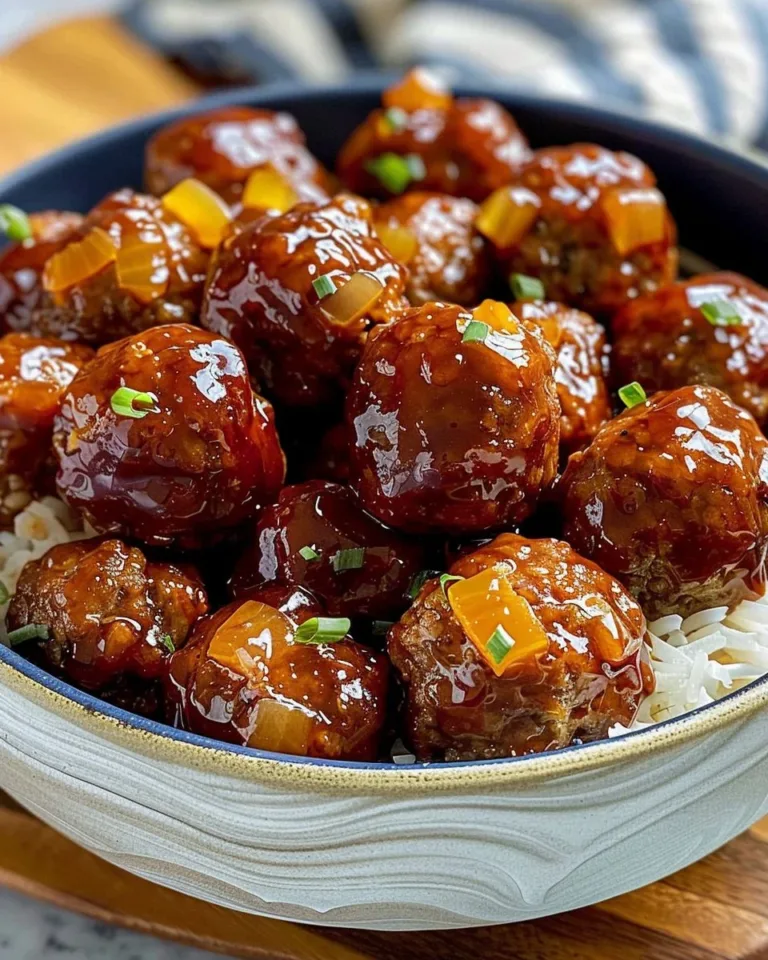 Crockpot Hawaiian Meatballs served on a plate with pineapple and sauce