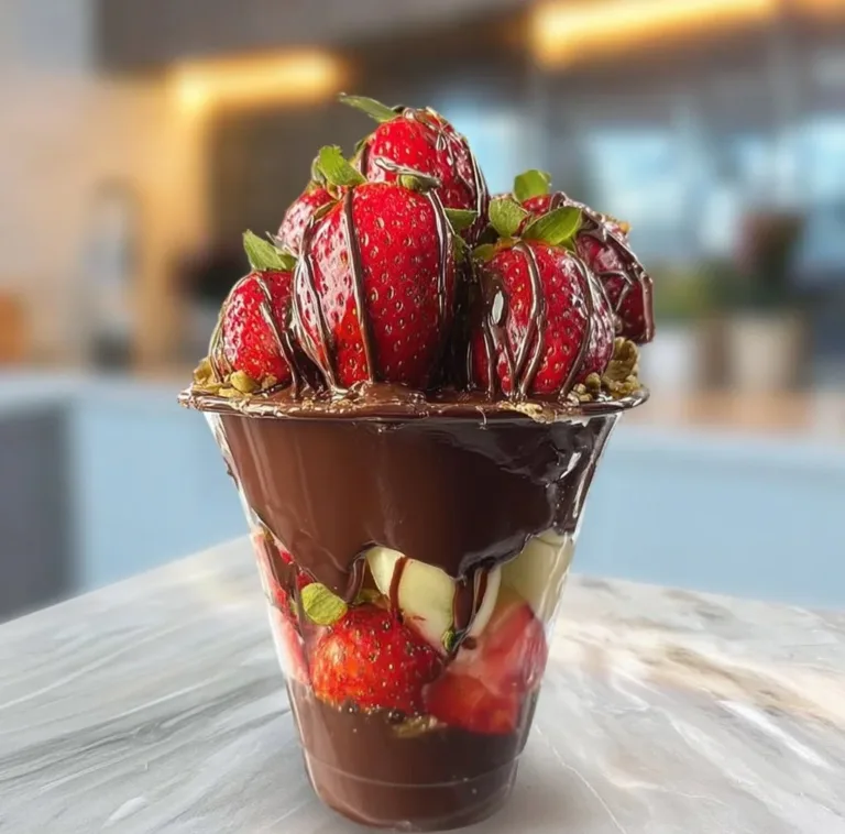 Delicious Dubai chocolate strawberry cup with fresh strawberries and rich chocolate
