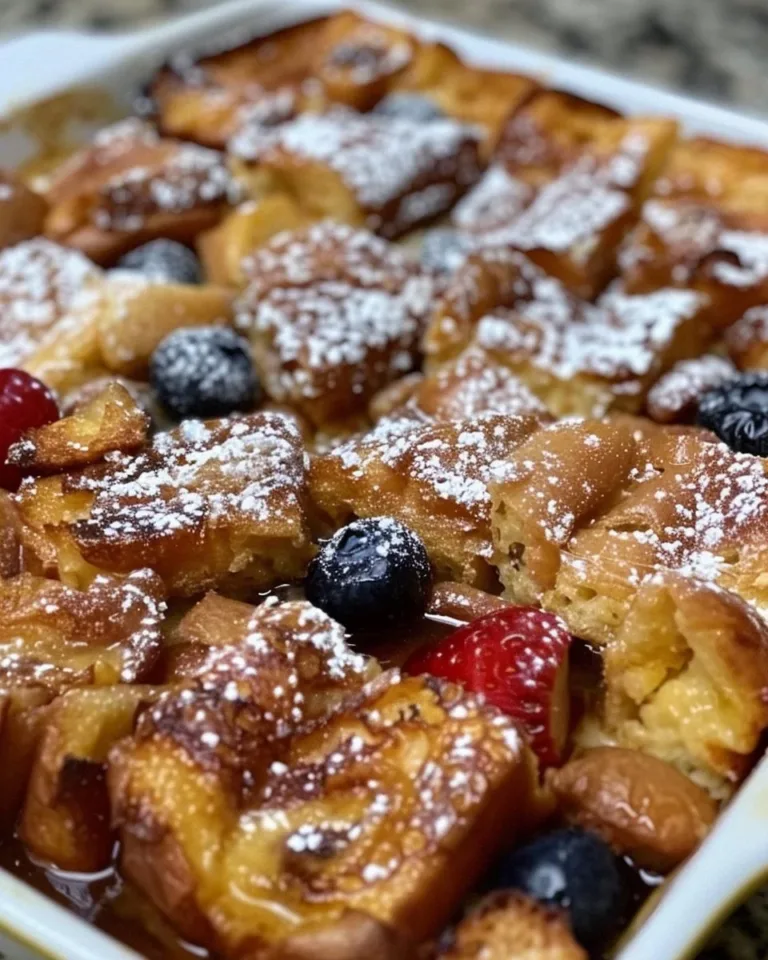 Delicious French Toast Casserole topped with syrup and berries
