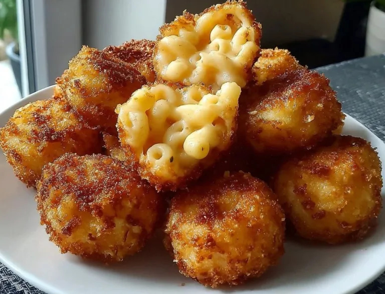 Crispy fried mac and cheese bites served on a plate.