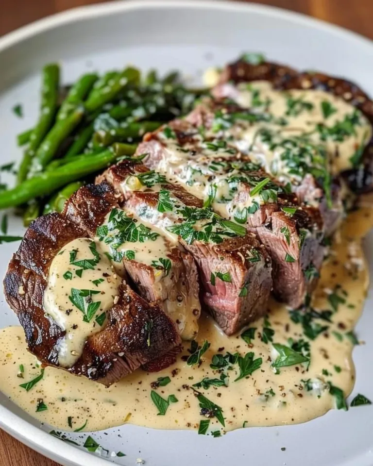 Delicious Garlic Butter Steak served with a rich Parmesan Cream Sauce