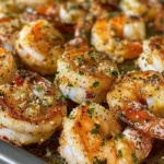 Delicious Garlic Parmesan Roasted Shrimp served on a plate with garnish.