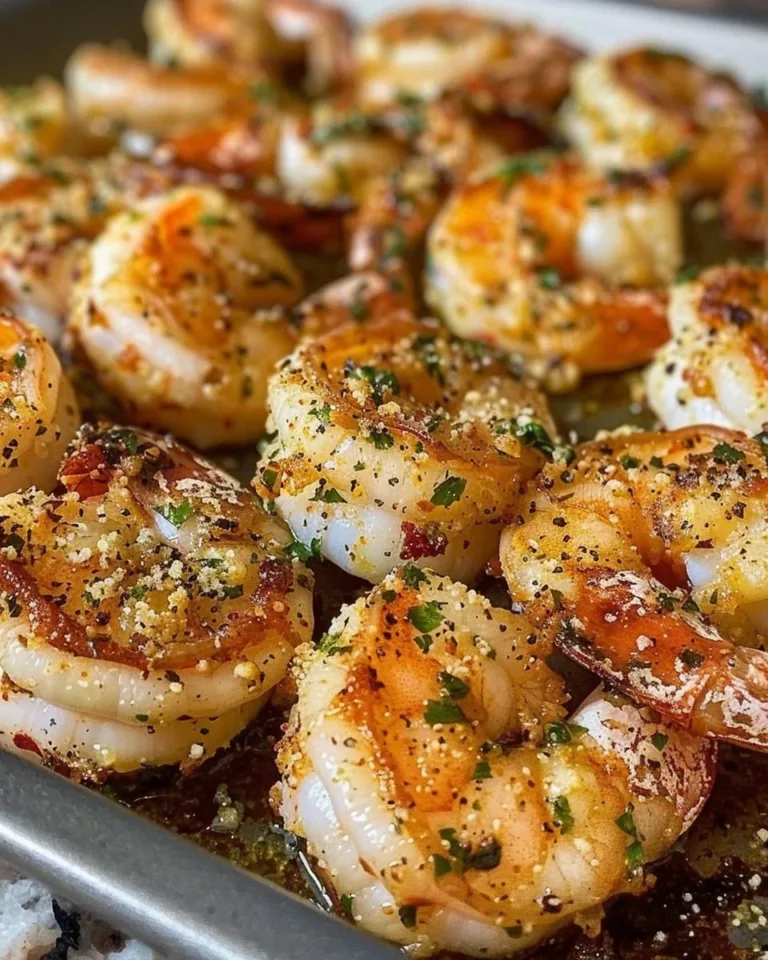 Delicious Garlic Parmesan Roasted Shrimp served on a plate with garnish.