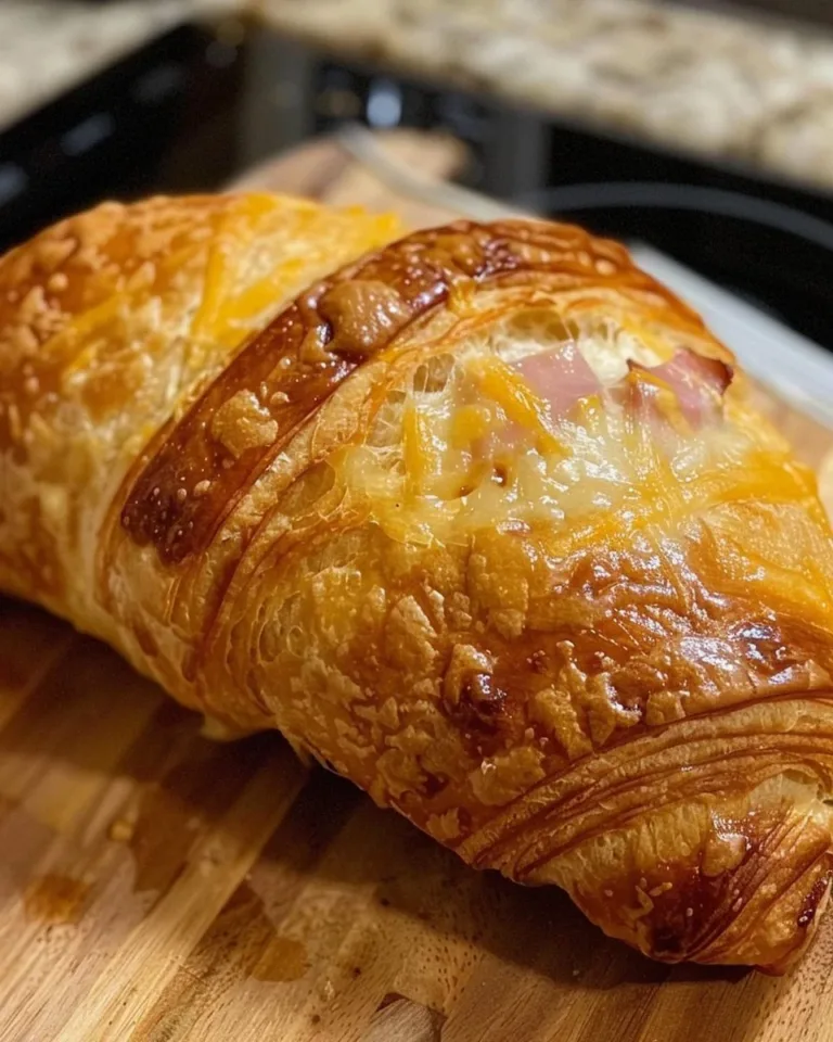 Delicious Ham and Cheese Sourdough Croissant Loaf on a rustic wooden table.