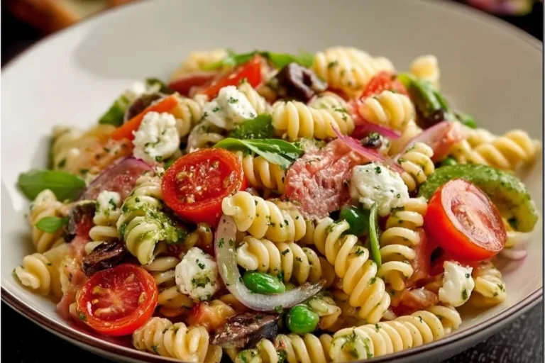Bowl of colorful healthy pasta salad with fresh vegetables and herbs