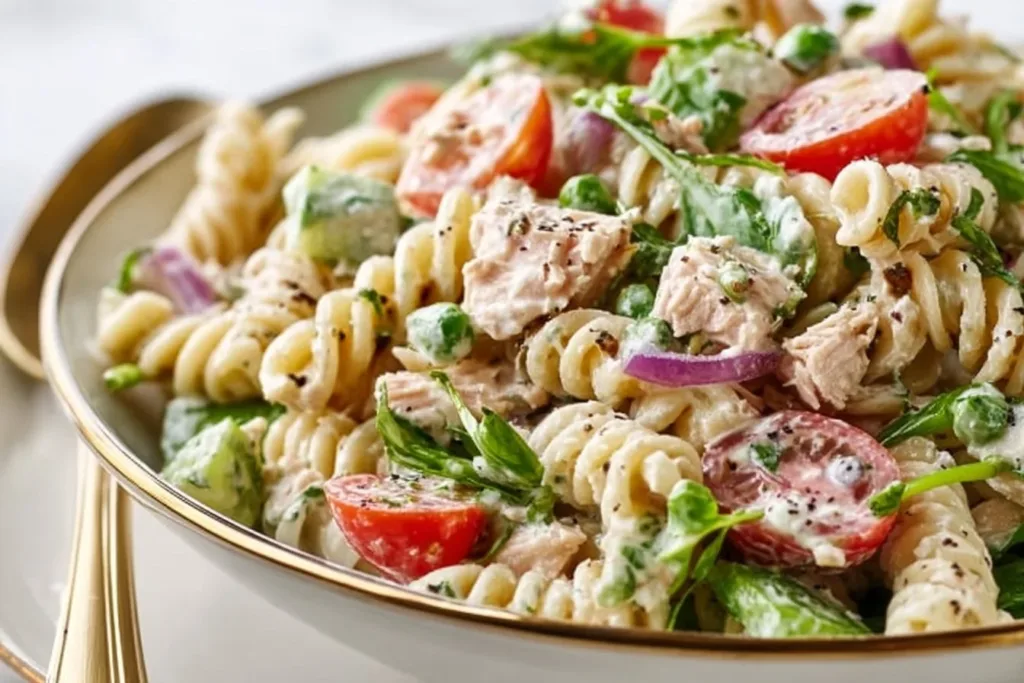 Healthy tuna pasta salad with fresh vegetables and dressing