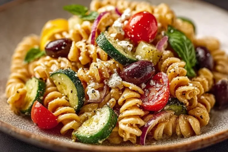 High Protein Greek Pasta Salad with colorful vegetables and feta cheese