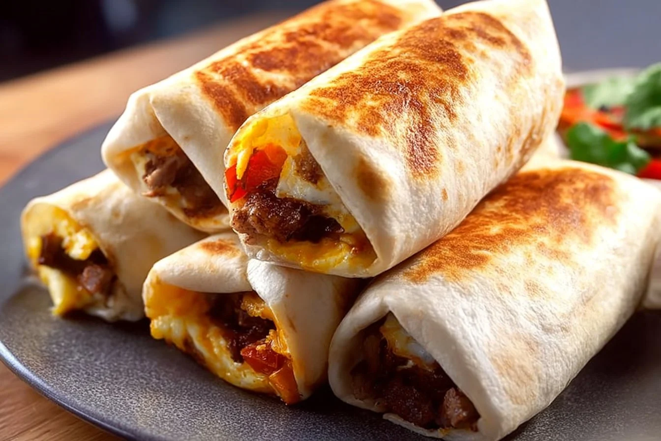 High protein breakfast burritos filled with eggs, veggies, and cheese.