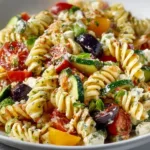 High protein pasta salad with vegetables and dressing in a bowl